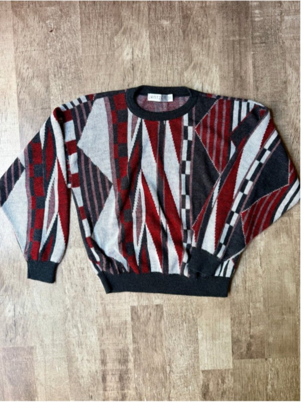 Vintage 1980s 1990s Jantzen Geometric Colorblock Knit Sweater Red Grey